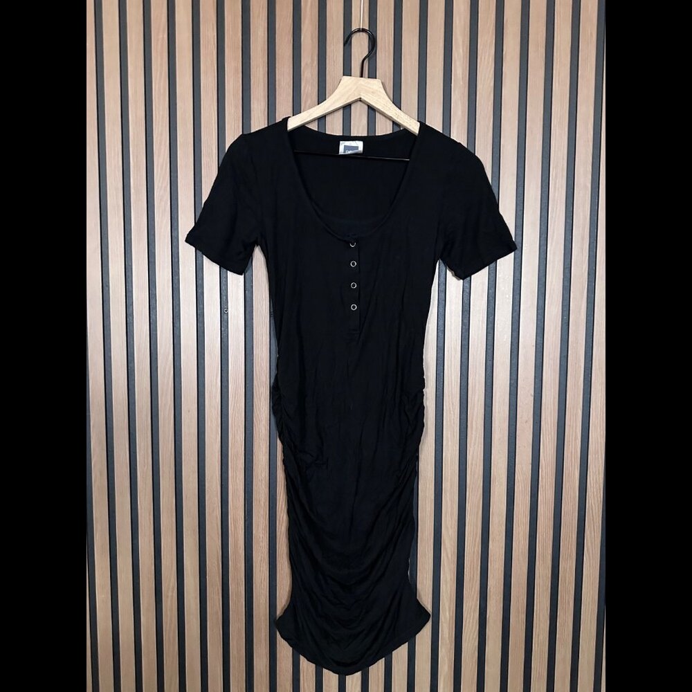 Nom Rouched Mini Dress Medium Womens Black Henley Short Sleeve Fabric Stretch